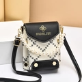 Vertical black and white PU leather phone bag with embroidery and pearl handle - Black and White