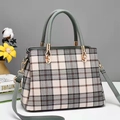 Vintage checkered crossbody bag in beige and brown with sage green handles and gold hardware - Green