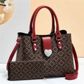 Set borsa tote marrone stampato due pezzi con manici in pelle rossa e fibbia a cuore - Rosso