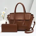 Brown leather tote bag and matching wallet set with golden hardware and fashion lettering - Brown