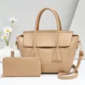 Two-piece beige leather handbag set with a top-handle bag and matching long zipper wallet - Khaki