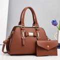 Brown litchi pattern tote bag with bow detail and matching small wallet set - Khaki/Earth Yellow