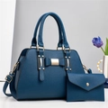 Navy blue lychee texture tote bag set with golden bow and matching envelope clutch - Blue