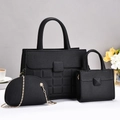Three-piece set of black woven textured handbags with elegant quilted grid pattern design - Black