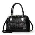 Elegant black crocodile pattern shell bag with silver hardware and top handles - Black (Crocodile)