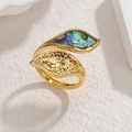 Adjustable golden leaf ring with irregular shell inlay and hammered metal texture - Double Leaf Colorful Abalone Style (CXR916-C-cai)
