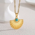 18k gold plated stainless steel fan necklace featuring turquoise pendant on stone base - Fan Geometric Style