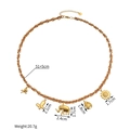 18k gold plated necklace with animal charms and brown leather woven cord chain - Elephant & Sunflower Style / Gold/Brown