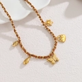 18k gold butterfly multi-element pendant necklace with brown braided rope and metal chain - Butterfly & Handbag Style / Gold/Brown