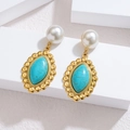Boucles d'oreilles vintage en or 18k avec perle blanche et pendentif turquoise verte - Bordure Perlée Vintage Ovale (Style H)