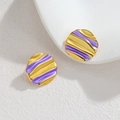 Pendientes redondos de acero inoxidable chapados en oro de 18k con esmalte ondulado lila - Morado
