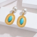 Boucles d'oreilles vintage en or 18 carats avec perle blanche et pierre turquoise - Pendentif Ovale Relief de Cour (Style I)