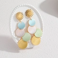 Colorful macaron circular drop earrings with gold sun stud on elegant white relief display - Light Rainbow