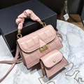 Pink two-piece fashion handbag set with rectangular texture and ruched handle - Pink