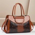 Brown crocodile embossed leather handbag with glossy stitching and gold hardware - Khaki/Earth Yellow
