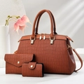 Brown crocodile embossed three-piece handbag set with large tote, wallet, and card holder - Earthy Yellow