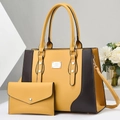 Two-piece yellow and brown contrast color tote bag with matching envelope wallet set - Yellow