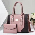 Contrast color tote bag set with large capacity handbag and small pouch in pink leather - Pink