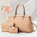 Beige faux leather three-piece handbag set with crocodile pattern and gold hardware - Khaki
