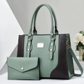 Two-tone sage green and brown tote bag set with matching pouch and gold hardware - Green