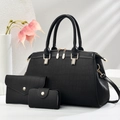 Three-piece black crocodile pattern tote bag set with golden hardware and handles - Black