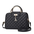 Quilted black PU leather handbag with golden arch handle and deer charm detail - Black