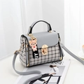 Grey patchwork plaid handbag with golden lock, long strap and cute pink bear charm - Plaid Grey
