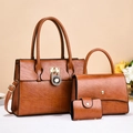 Three-piece brown vintage leather handbag set with quilted stitching and gold hardware - Khaki/Earth Yellow