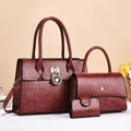 Three-piece retro burgundy handbag set with quilted tote and golden hardware detail - Red