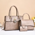 Three-piece champagne gold tote bag set with quilted texture and decorative gold padlock - Khaki
