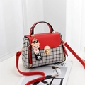 Elegant red flap handbag with black and white plaid texture and a cute bear charm - Red Plaid