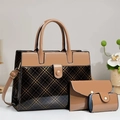 Damen Handtaschen-Set 3-teilig mit Shopper, Clutch und Kartenetui in Khaki und Schwarz-Karo - Lackleder-Karomuster 3-teiliges Set / Khaki