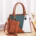 Brown and green color block tote bag with crossbody strap and small matching pouch - Earthy Yellow