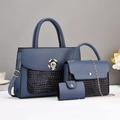 Three-piece blue tote bag set with snakeskin texture and metal camellia buckle - Blue