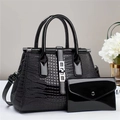 Elegant 2-piece black crocodile pattern faux leather handbag set with shoulder strap - Handbag + Clutch 2-Piece Set / Black