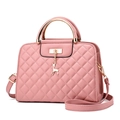 Pink quilted leather small square handbag with gold round handles and deer charm pendant - Pink