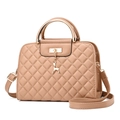 Beige quilted PU leather tote bag with a gold deer charm and round metal handles - Khaki