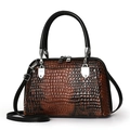 Brown crocodile embossed shell bag with black top handles and detachable shoulder strap - Earthy Yellow (Crocodile Pattern)