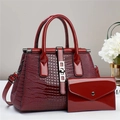Two-piece wine red handbag set featuring faux crocodile leather texture and glossy finish - Handbag + Clutch 2-Piece Set / Red