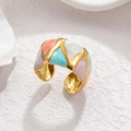 Minimalist 18k gold plated stainless steel open ring with colorful geometric enamel pattern - Colorful
