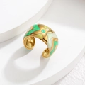 18K gold plated wide open ring with colorful star enamel patterns on a white stand - Green (OLBR922)