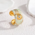 Green enamel sunflower wide open ring with zircon inlay and premium golden finish - Pale Green