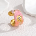Artistic gold sunflower open ring with pink enamel inlay and sparkling crystal center - Pink