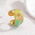 Anello aperto a C in acciaio inossidabile dorato con girasole in smalto colorato e zircone - Verde