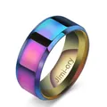 Macro detail of aurora gradient stainless steel ring with polished purple and blue finish - Colorful