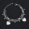 Pulsera de doble cadena de acero inoxidable con colgantes de corazón blanco y cuentas - Color Acero
