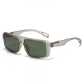 Modern square sunglasses with matte grey frames and dark green lenses in a 45-degree view - Transparent Grey Frame Dark Green Lens
