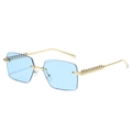 Frameless rimless sunglasses with blue lenses and gold metal studs at 45-degree angle - Gold Frame Blue Lenses