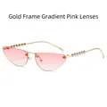 Cat eye rimless sunglasses with pink gradient lenses and pearl decorated gold metal temples - Regular / Standard Gold Frame with Gradient Pink Lenses