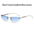 Cat eye rimless sunglasses with silver metal temples and gradient blue lenses - Regular / Standard Silver Frame Sunglasses with Gradient Blue Lenses